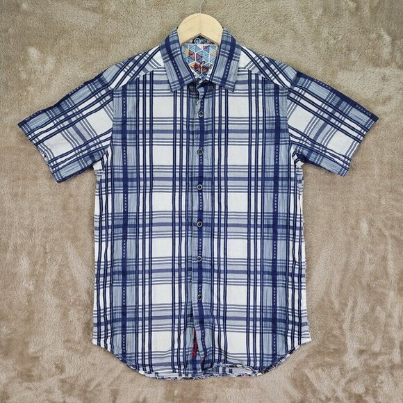 Robert Graham Button-Down Shirt Blue And White Plaid Short Sleeve Men's Size XS - Picture 2 of 10